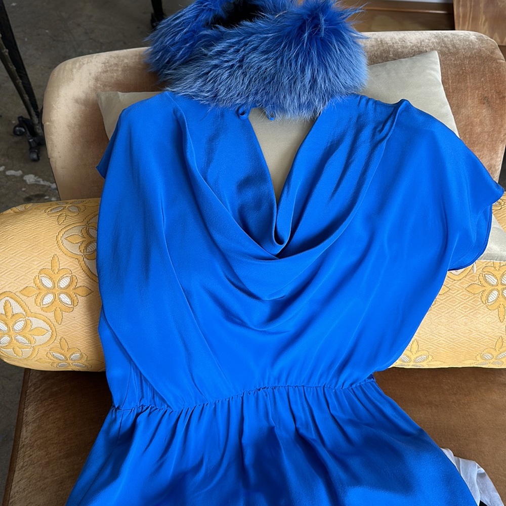 Barneys New York silk Cobalt blue sleeveless Cawl front Tie back dress KneeLengt